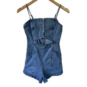 Blashe Corset Button Up Style Smocked Back Cut Out Front Tie Denim Romper S